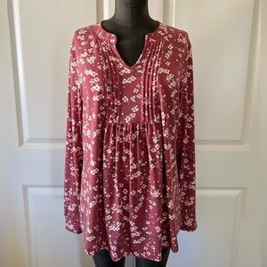 Anyally Burgundy Floral Knit Top Long Sleeve Notched V Neck Relaxed Fit L